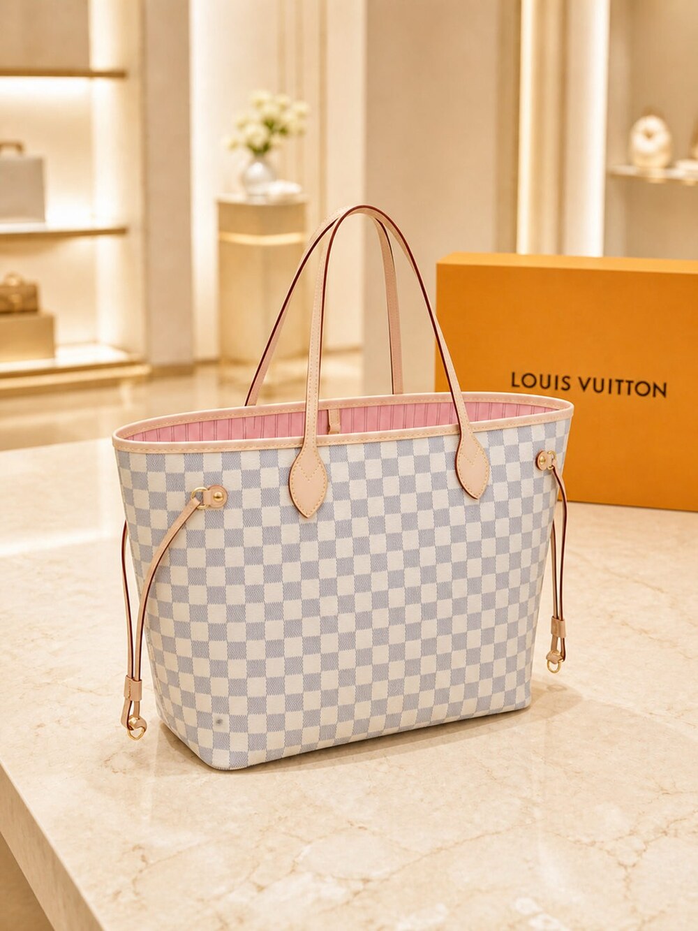 Louis Vuitton Pink Interior Neverfull Carryall in Damier Azur Canvas - Picture 5 of 6